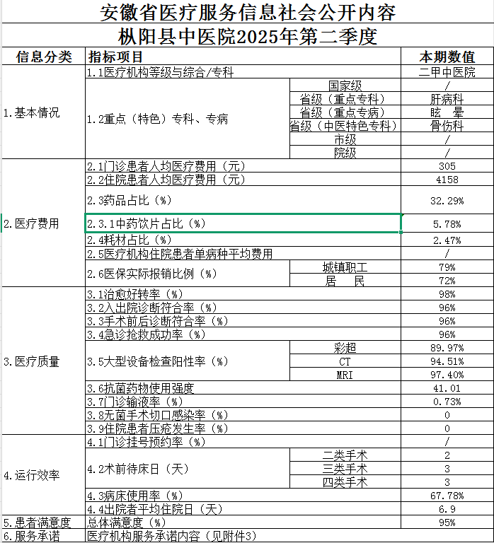 枞阳县中医院2025第二季度医疗服务信息公开